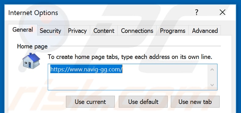 Removing navig-gg.com from Internet Explorer homepage