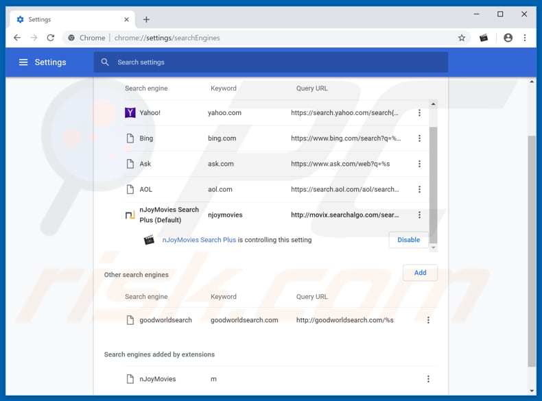 Removing movix.searchalgo.com from Google Chrome default search engine