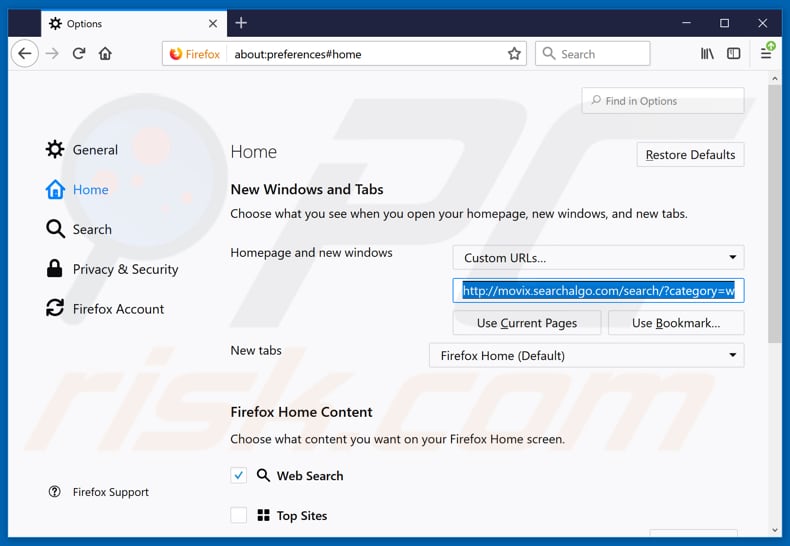 Removing movix.searchalgo.com from Mozilla Firefox homepage