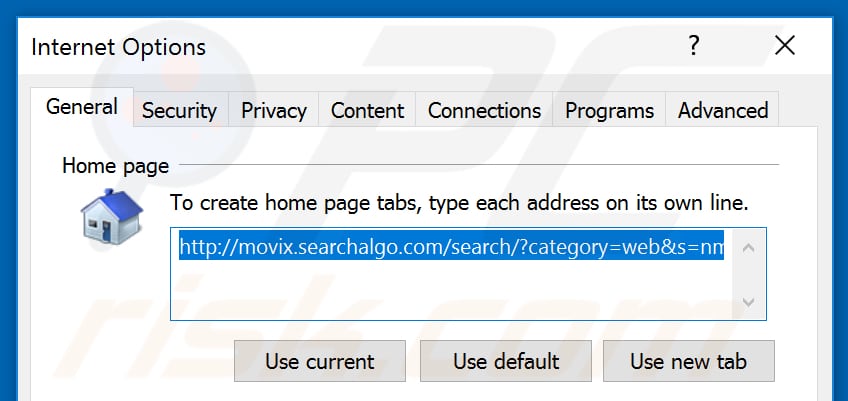 Removing movix.searchalgo.com from Internet Explorer homepage