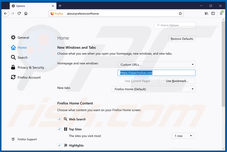 Removing searcholive.com from Mozilla Firefox homepage