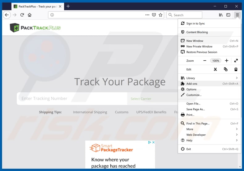 Removing PackTrackPlus ads from Mozilla Firefox step 1