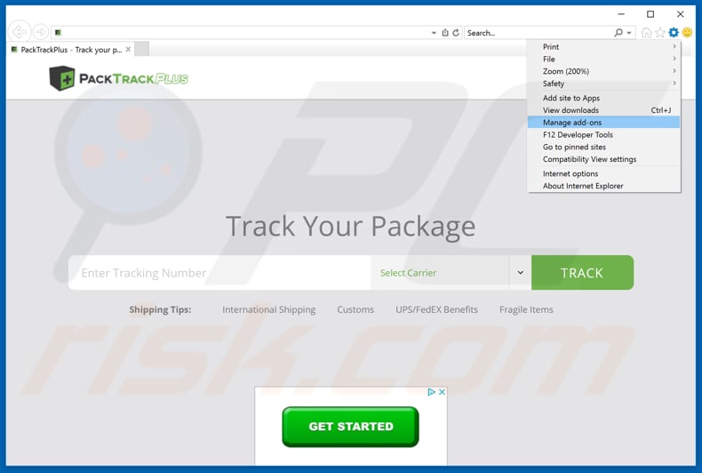Removing PackTrackPlus ads from Internet Explorer step 1