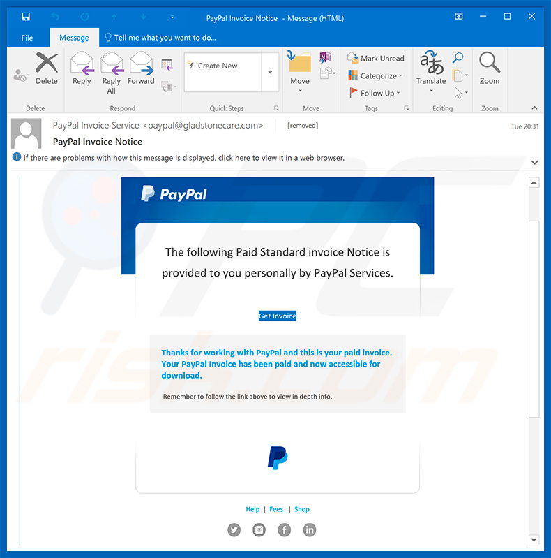 PayPal Email Virus message distributing Hancitor (sample 2)