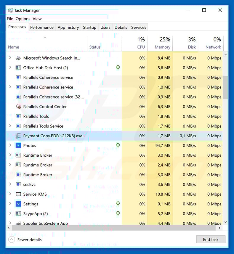 LokiBot malware in Windows Task Manager