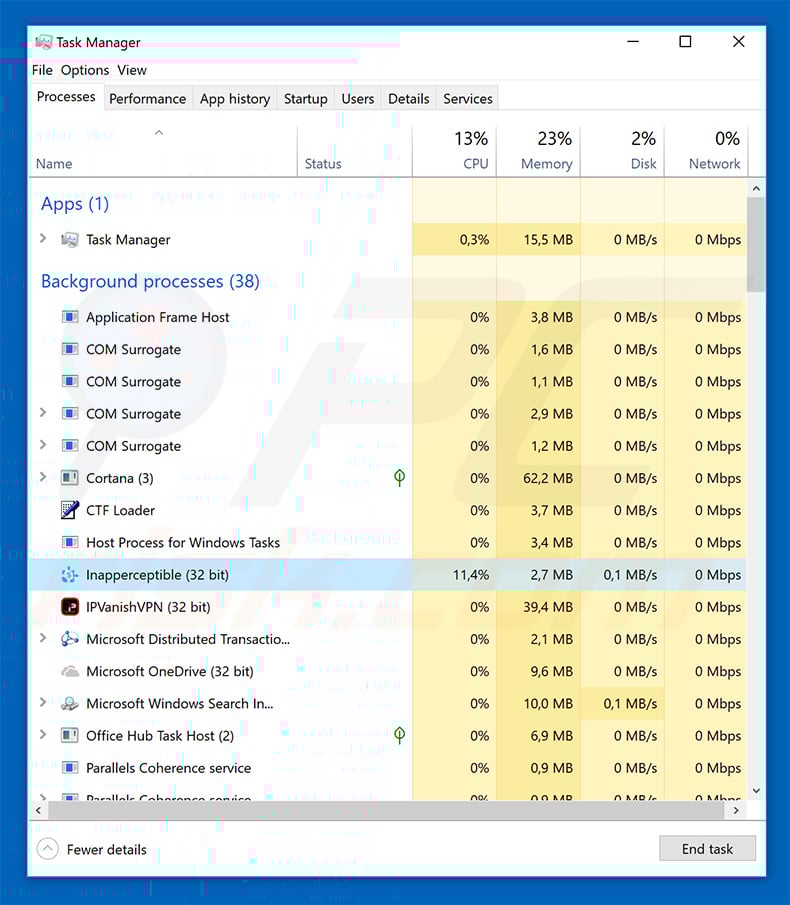 LokiBot malware in Windows Task Manager