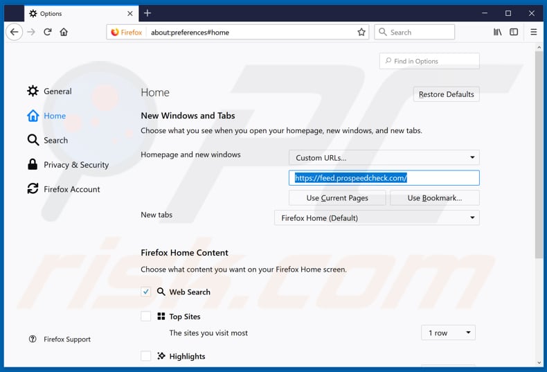 Removing feed.prospeedcheck.com from Mozilla Firefox homepage