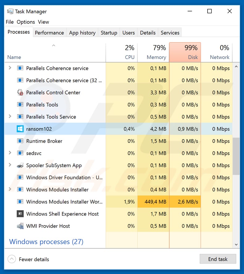 Ransomwared ransomware malicious process in task manager disguised as windows defender patch