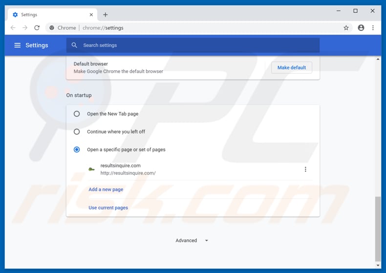 Removing resultsinquire.com from Google Chrome homepage