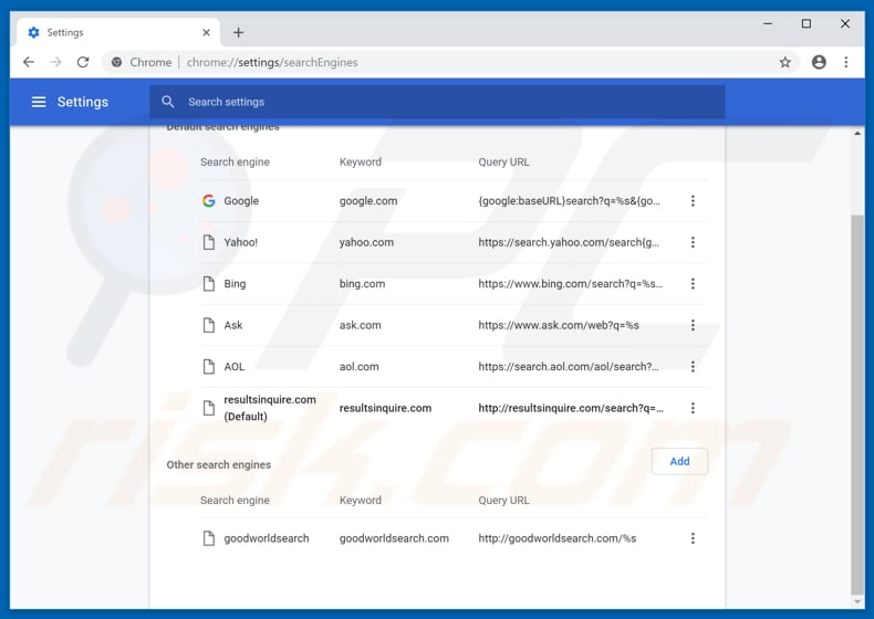 Removing resultsinquire.com from Google Chrome default search engine