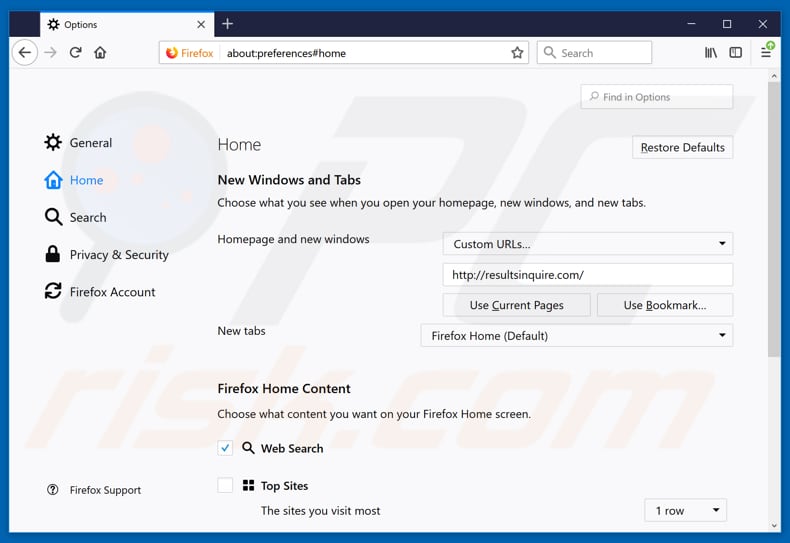 Removing resultsinquire.com from Mozilla Firefox homepage