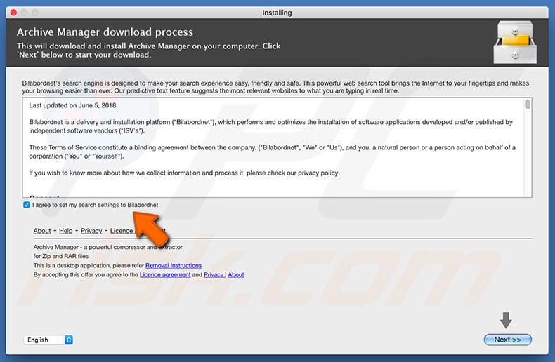 Archive Manager PUA installer promoting search.bilabordnet.com fake search engine