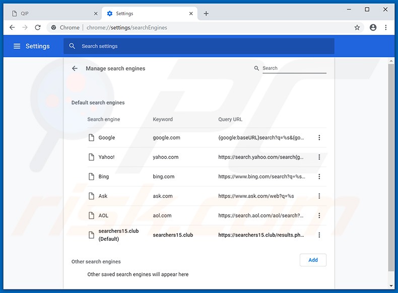 Removing searchers15.club from Google Chrome default search engine