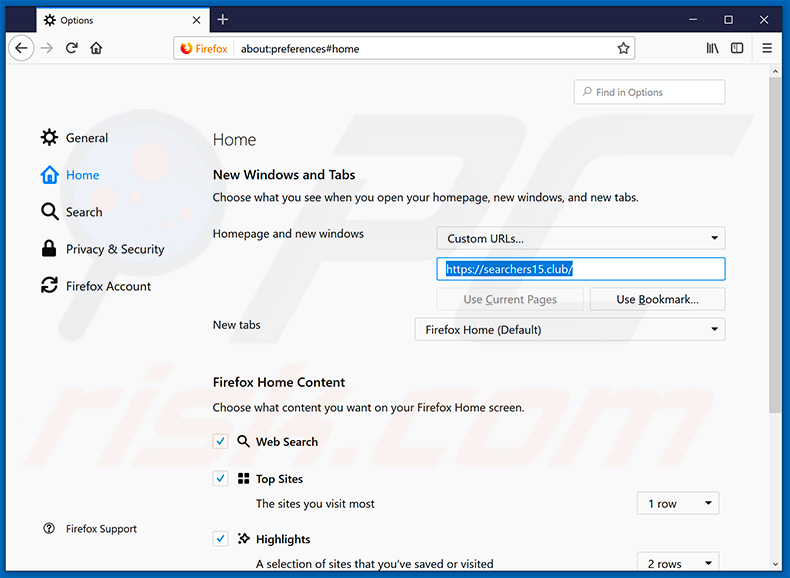 Removing searchers15.club from Mozilla Firefox homepage