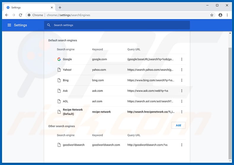 Removing search.hrecipenetwork.co from Google Chrome default search engine