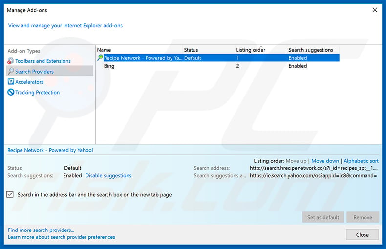 Removing search.hrecipenetwork.co from Internet Explorer default search engine