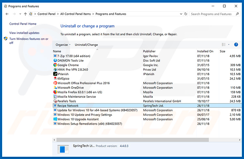 search.hrecipenetwork.co browser hijacker uninstall via Control Panel