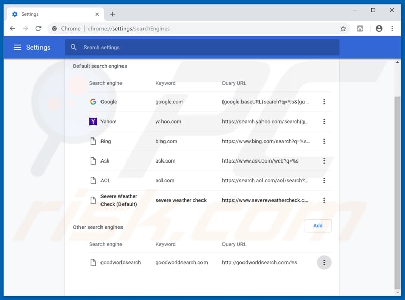 Removing severeweathercheck.com from Google Chrome default search engine