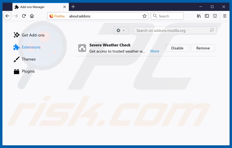 Removing severeweathercheck.com related Mozilla Firefox extensions