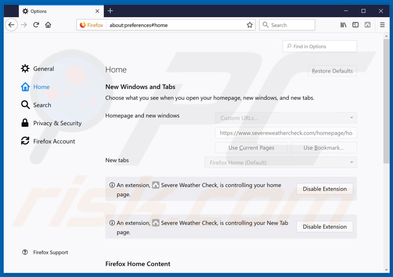 Removing severeweathercheck.com from Mozilla Firefox homepage