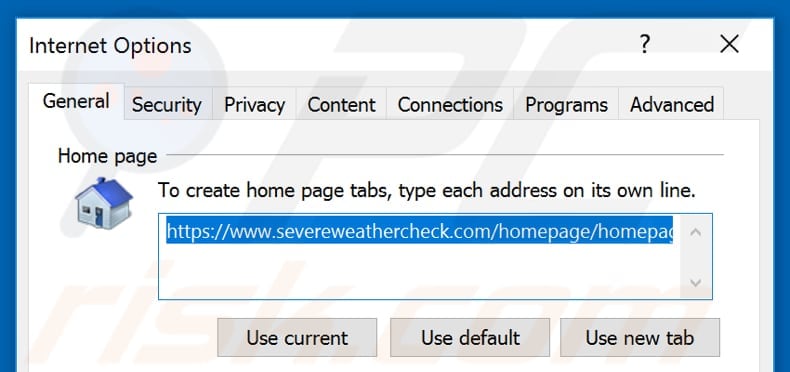 Removing severeweathercheck.com from Internet Explorer homepage