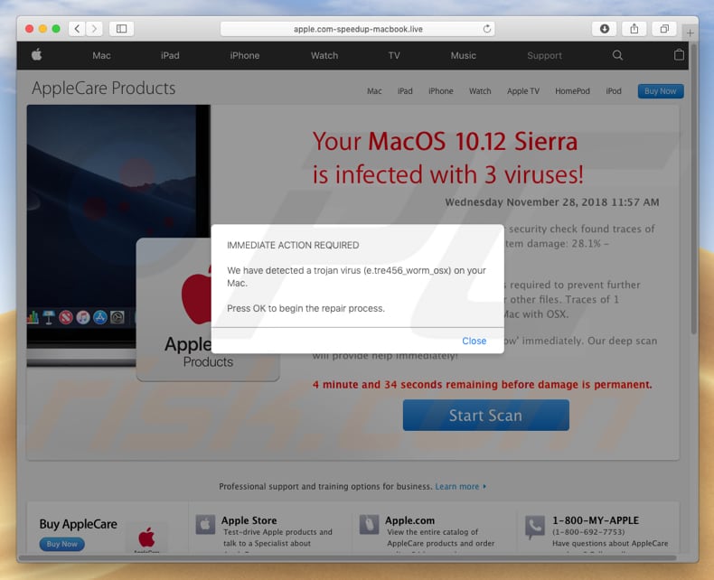 Your MacOS 10.12 Sierra is infected with 3 viruses! scam