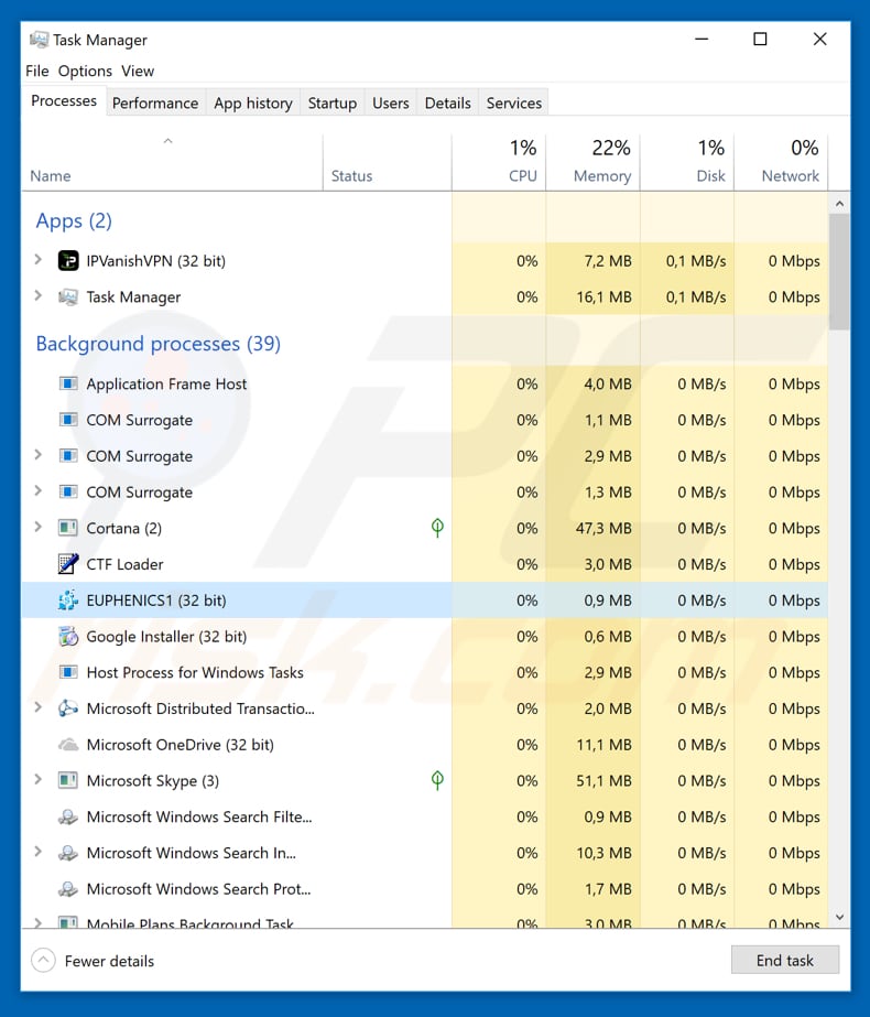 EUPHENICS1 Pony virus process in Task Manager 