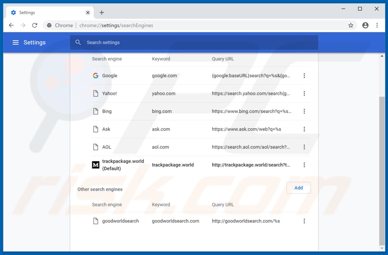 Removing trackpackage.world from Google Chrome default search engine