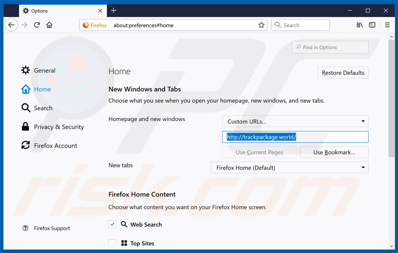 Removing trackpackage.world from Mozilla Firefox homepage