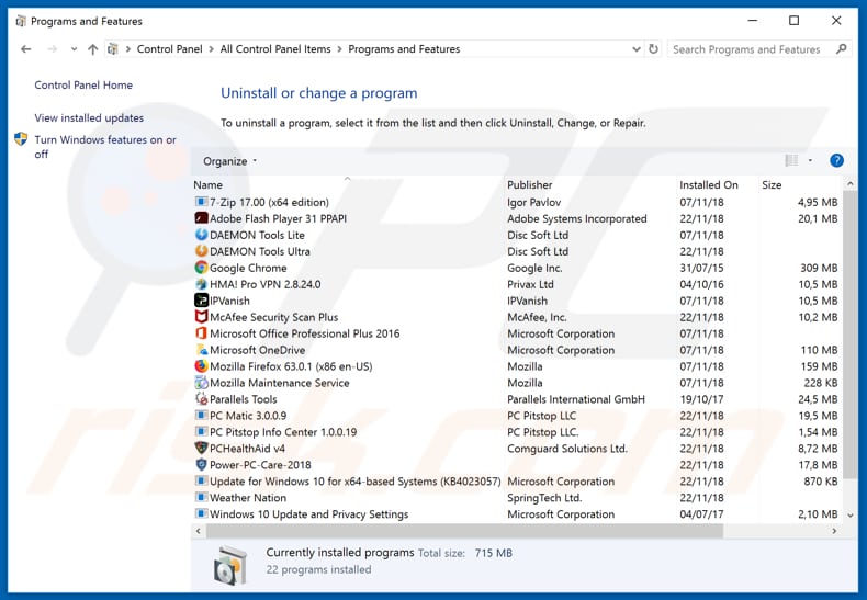 ukliminimate.club adware uninstall via Control Panel