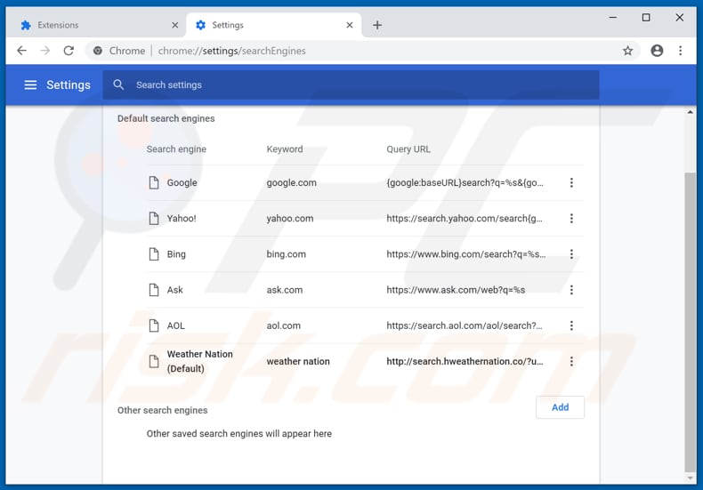 Removing search.hweathernation.co from Google Chrome default search engine