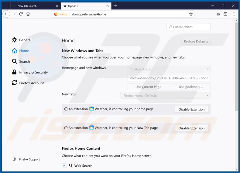 Removing search.hweathernation.co from Mozilla Firefox homepage