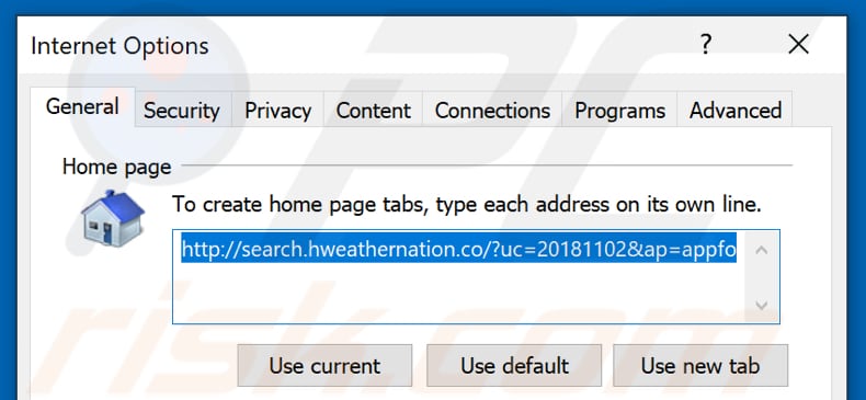 Removing search.hweathernation.co from Internet Explorer homepage