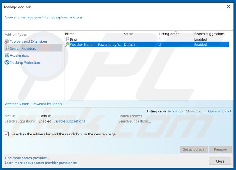 Removing search.hweathernation.co from Internet Explorer default search engine