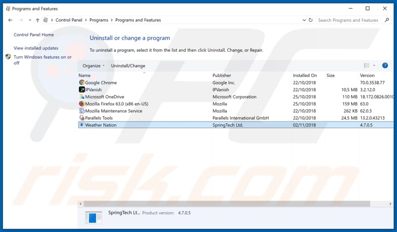 search.hweathernation.co browser hijacker uninstall via Control Panel