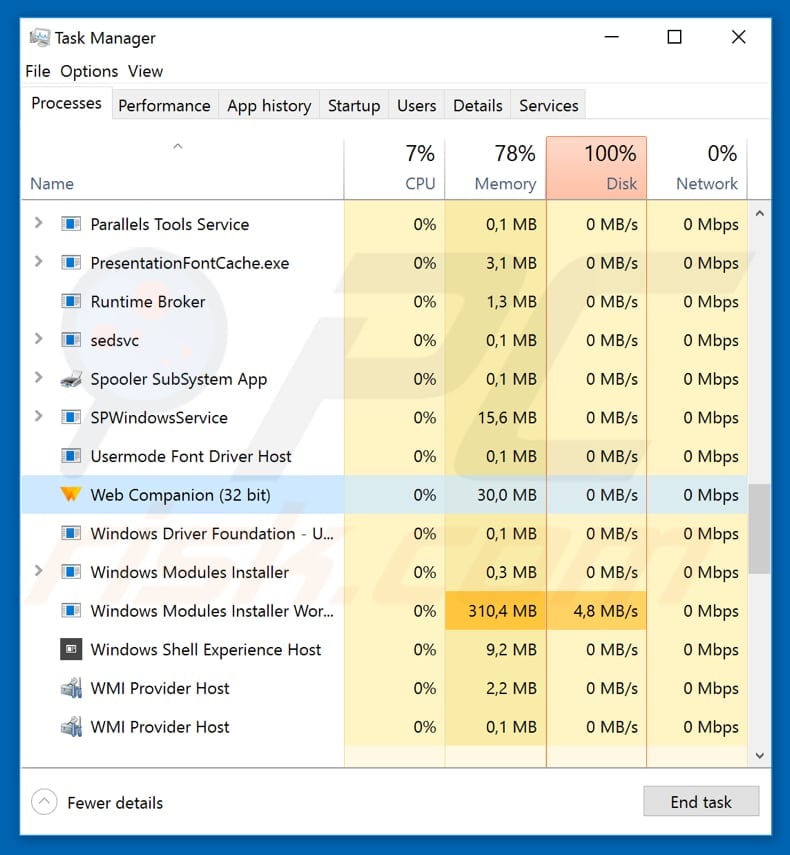 web companion process in task manager