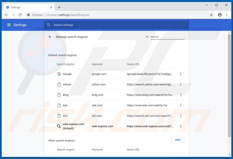 Removing web-explore.com from Google Chrome default search engine