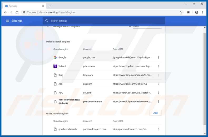 Removing search.hyourtelevisionnow.com from Google Chrome default search engine