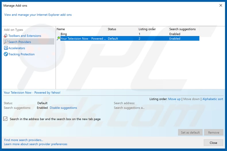 Removing search.hyourtelevisionnow.com from Internet Explorer default search engine