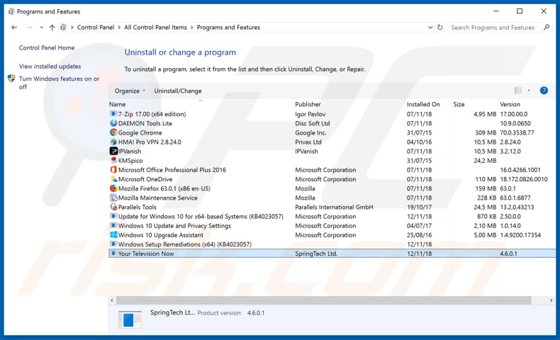 search.hyourtelevisionnow.com browser hijacker uninstall via Control Panel