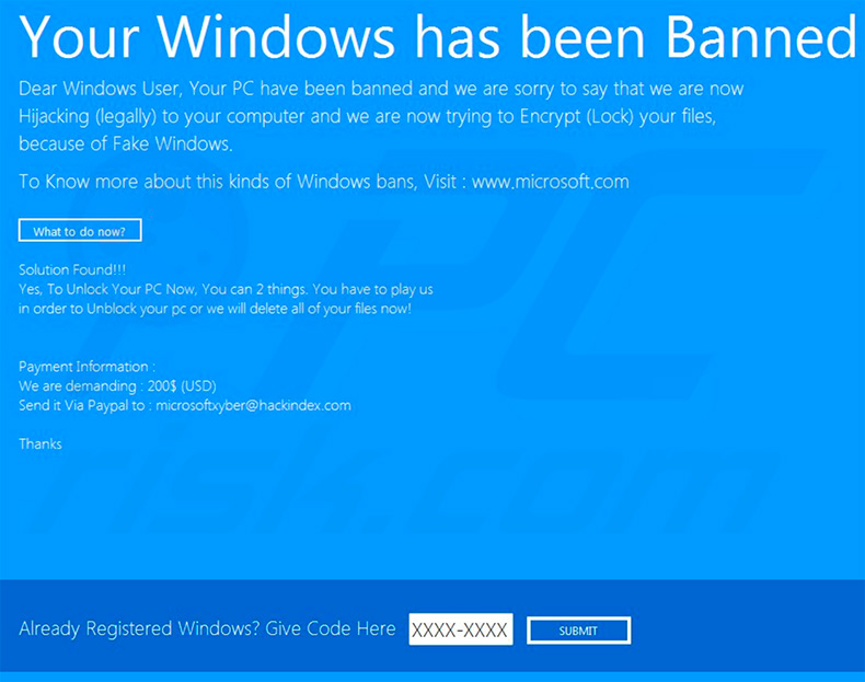 Another variant of Your Windows Has Been Banned scam