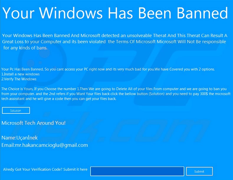 Another variant of Your Windows Has Been Banned lockscreen