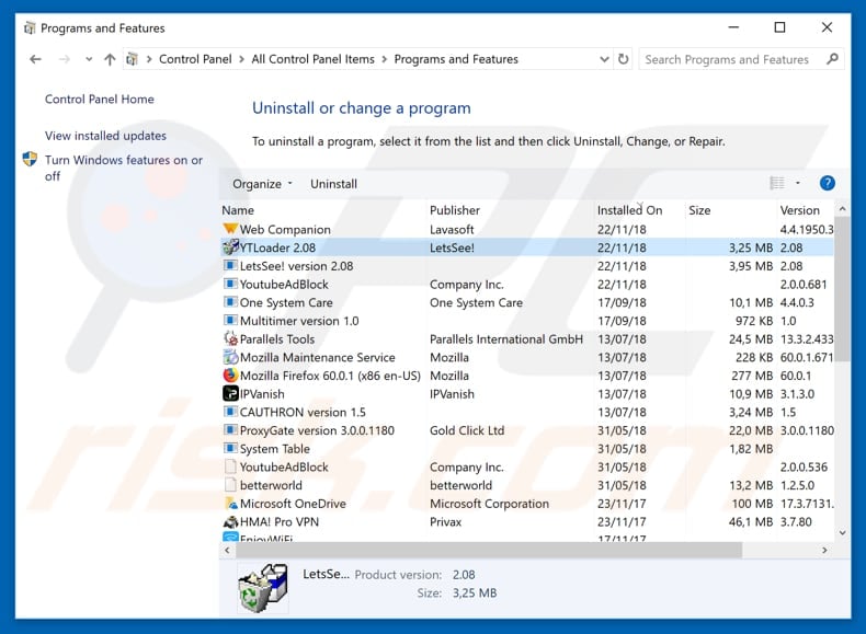 YTLoader adware uninstall via Control Panel