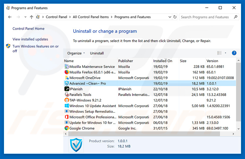 Advanced Clean Pro adware uninstall via Control Panel