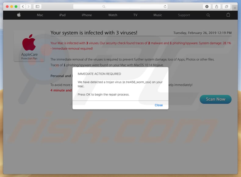 pop-up displayed on apple.com-cleaning-os.live deceptive website