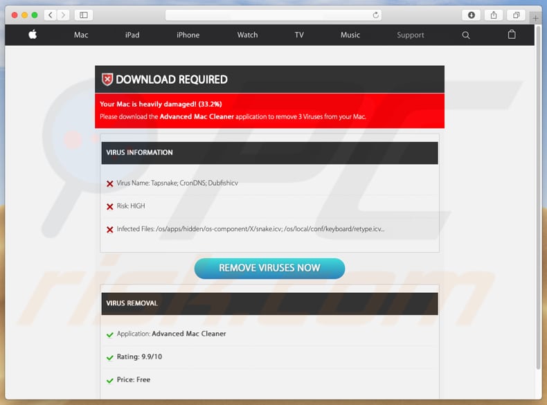 apple.com-cleaning-os.live deceptive website offering to download potentially unwanted application