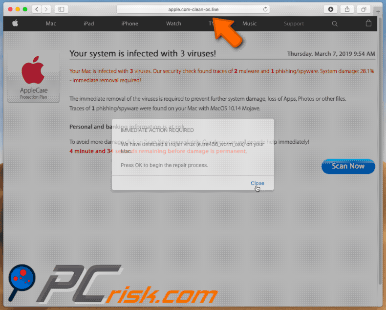 Appearance of apple.com-clean-os.live scam (GIF)