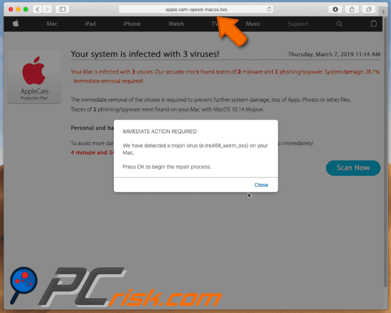 Appearance of apple.com-speed-macos.live scam (GIF)