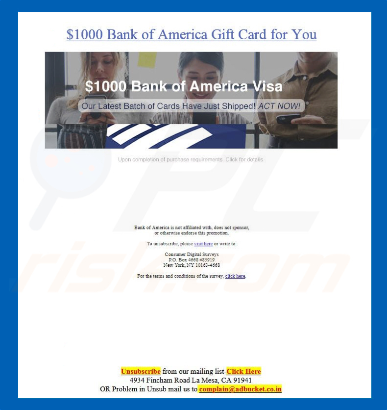 bank of america gift card scam email 