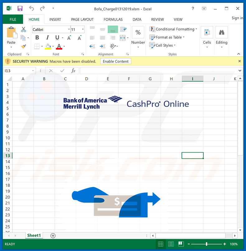 Malicious MS Excel file distributed using Bank Of America email spam campaign